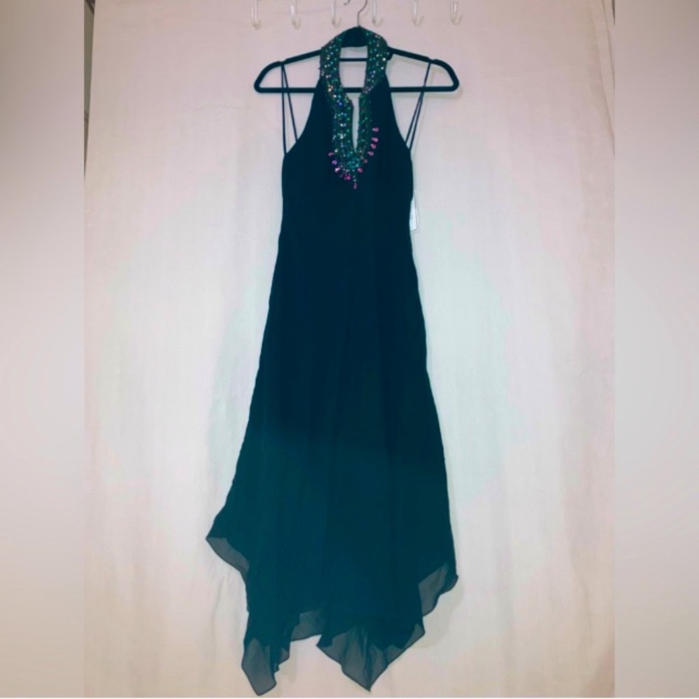 NWT Jovani Vintage Silk Sequin Halter Midi Dress Hankerchief Hem Size 8
